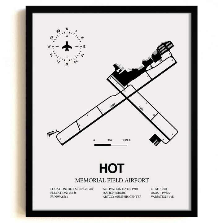 Framed Detailed Airport Map of Memorial Field Airport (HOT) in White with a Black Frame