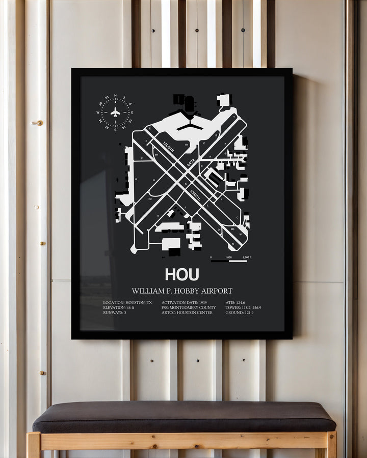 Framed Detailed Airport Map of William P. Hobby Airport (HOU) in Gray with a Black Frame