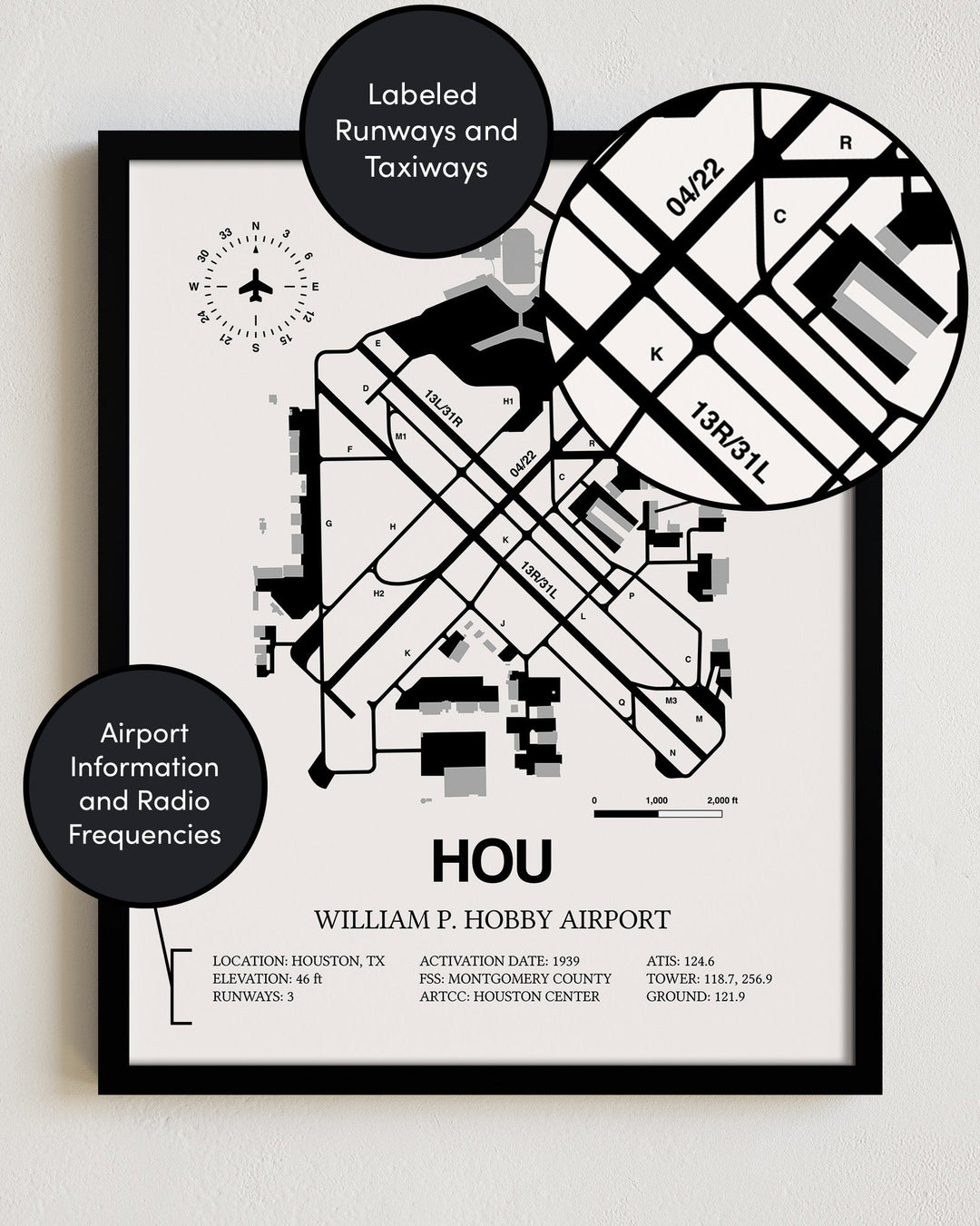 Framed Detailed Airport Map of William P. Hobby Airport (HOU) in White with a Black Frame
