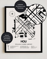 Framed Detailed Airport Map of William P. Hobby Airport (HOU) in White with a Black Frame