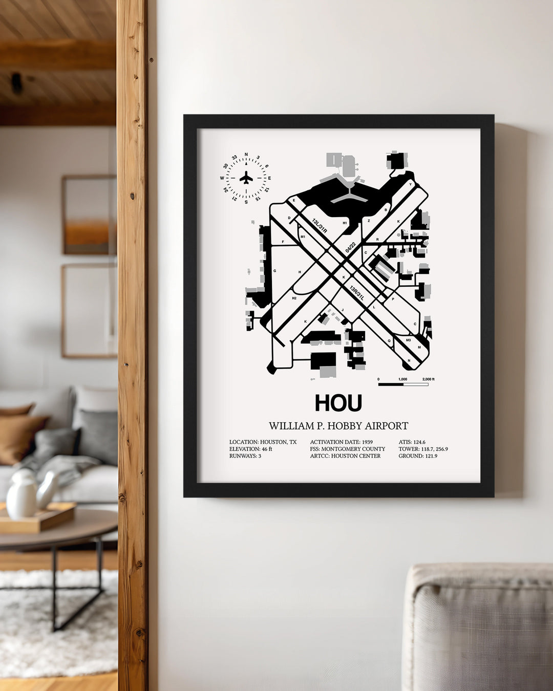 Framed Detailed Airport Map of William P. Hobby Airport (HOU) in White with a Black Frame