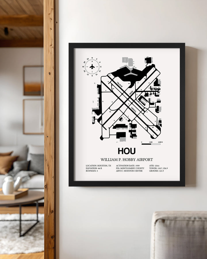 Framed Detailed Airport Map of William P. Hobby Airport (HOU) in White with a Black Frame