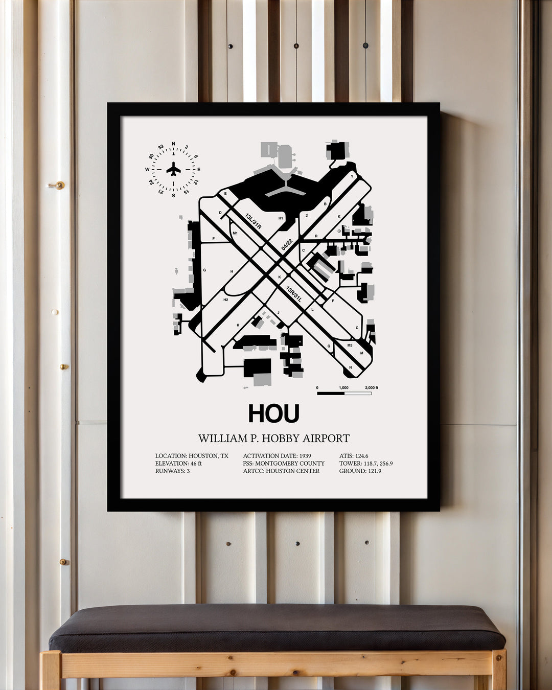 Framed Detailed Airport Map of William P. Hobby Airport (HOU) in White with a Black Frame