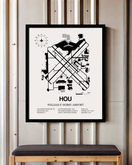 Framed Detailed Airport Map of William P. Hobby Airport (HOU) in White with a Black Frame