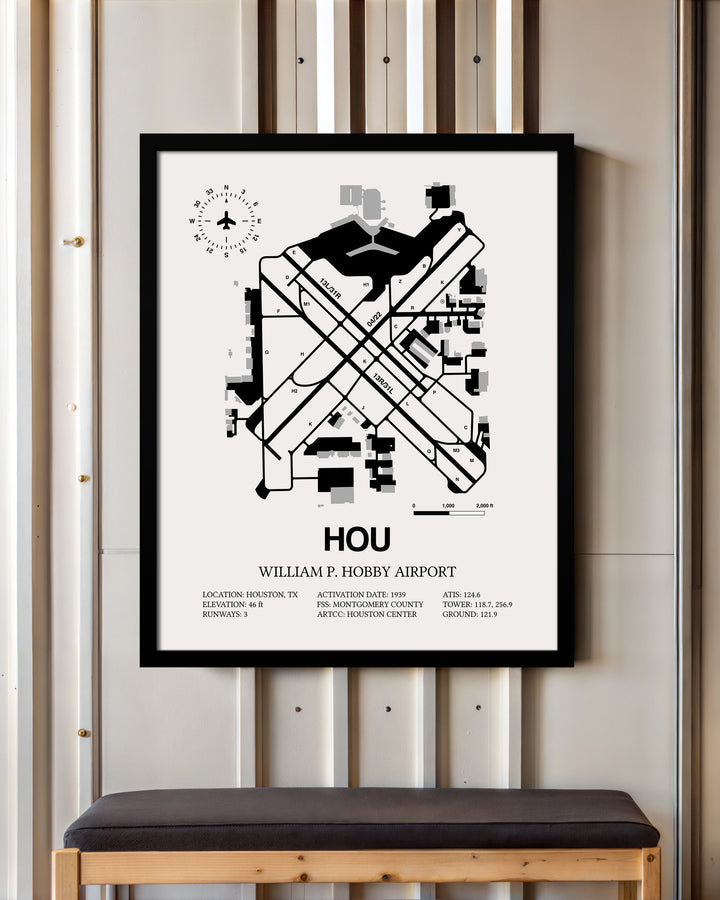 Framed Detailed Airport Map of William P. Hobby Airport (HOU) in White with a Black Frame