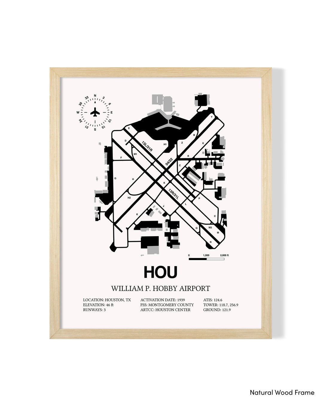 Detailed Airport Map of William P. Hobby Airport (HOU) in White with a Natural Frame