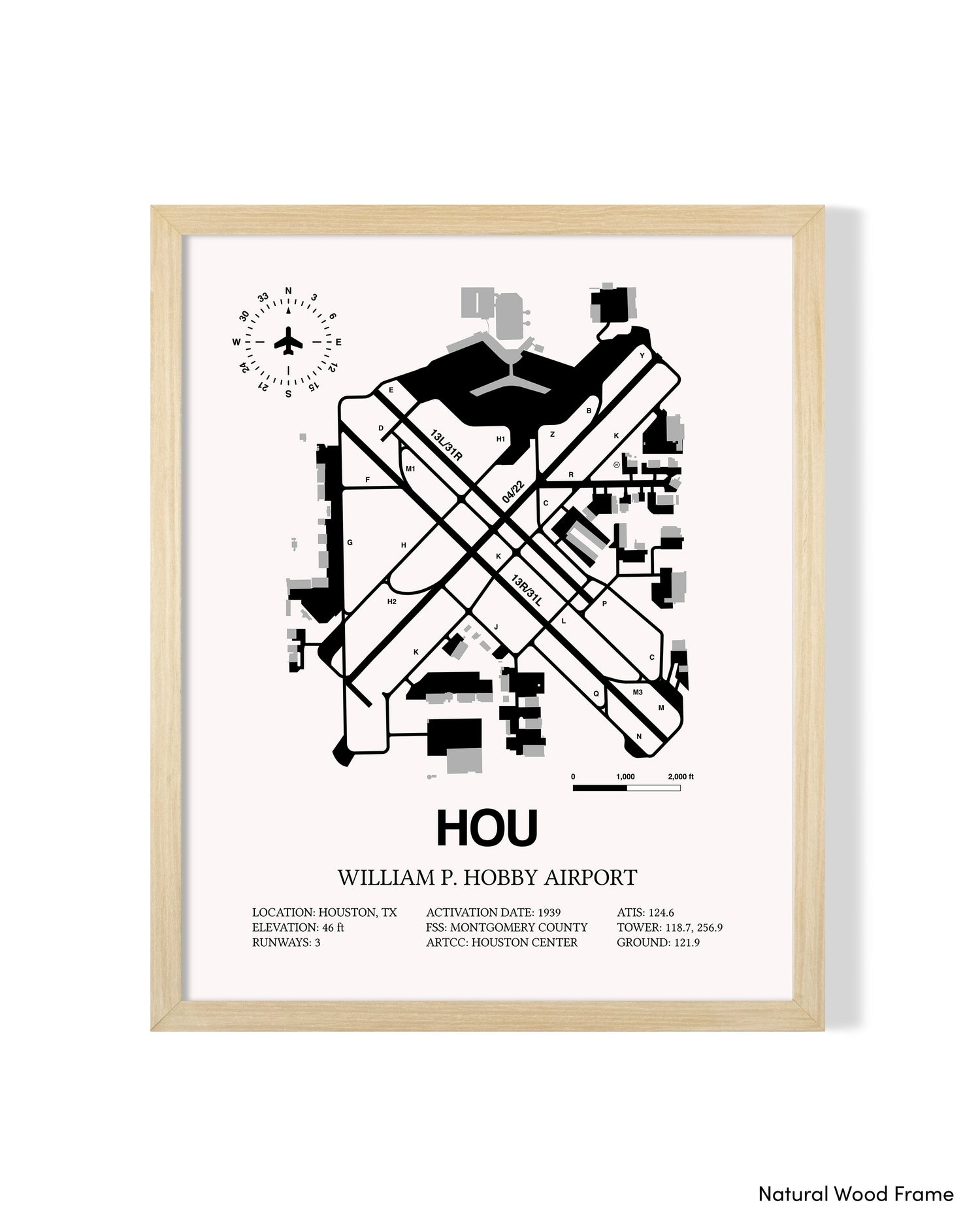 Detailed Airport Map of William P. Hobby Airport (HOU) in White with a Natural Frame