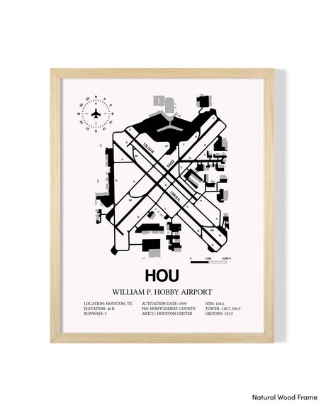 Detailed Airport Map of William P. Hobby Airport (HOU) in White with a Natural Frame