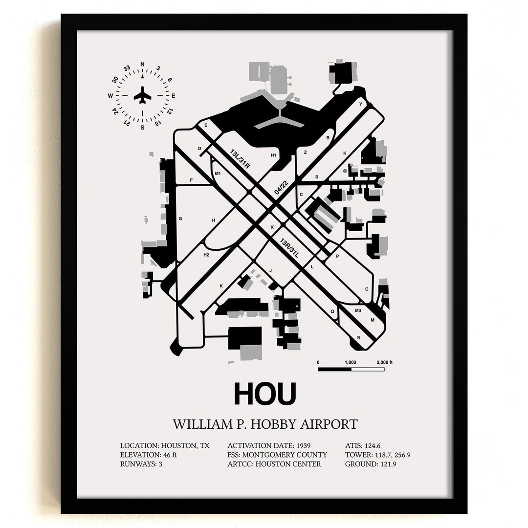 Framed Detailed Airport Map of William P. Hobby Airport (HOU) in White with a Black Frame