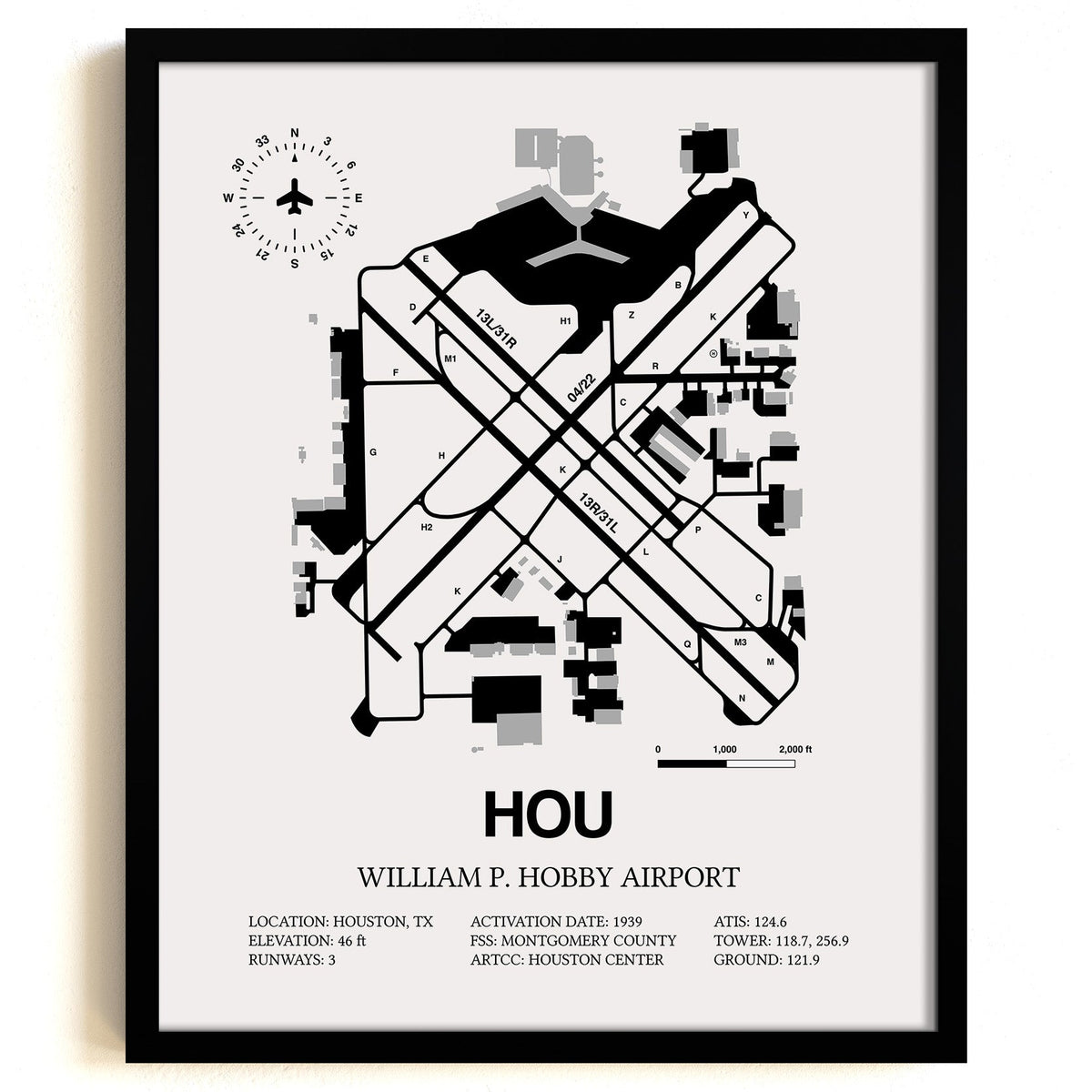 Framed Detailed Airport Map of William P. Hobby Airport (HOU) in White with a Black Frame
