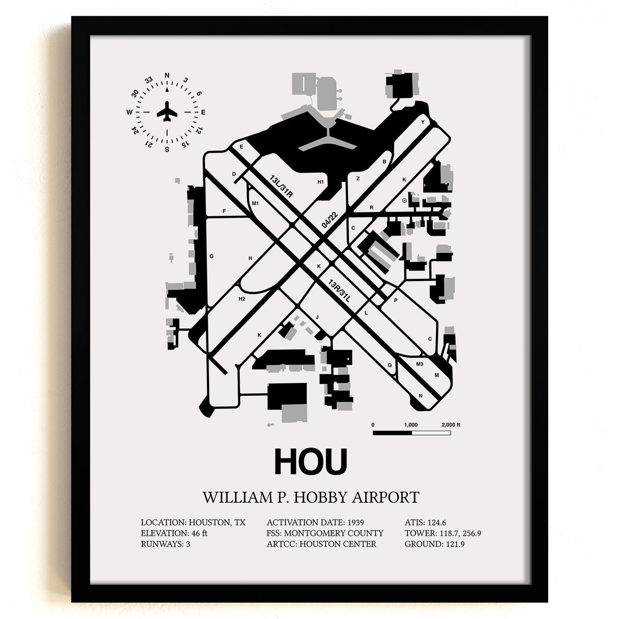 Framed Detailed Airport Map of William P. Hobby Airport (HOU) in White with a Black Frame