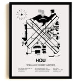 Framed Detailed Airport Map of William P. Hobby Airport (HOU) in White with a Black Frame