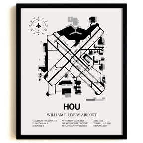 Framed Detailed Airport Map of William P. Hobby Airport (HOU) in White with a Black Frame