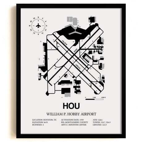 Framed Detailed Airport Map of William P. Hobby Airport (HOU) in White with a Black Frame