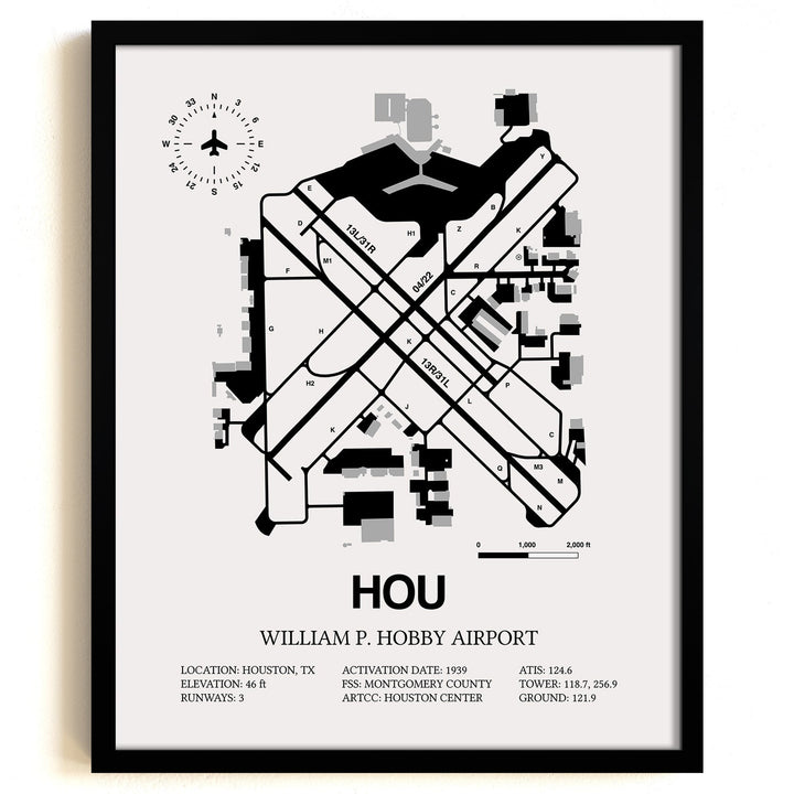 Framed Detailed Airport Map of William P. Hobby Airport (HOU) in White with a Black Frame