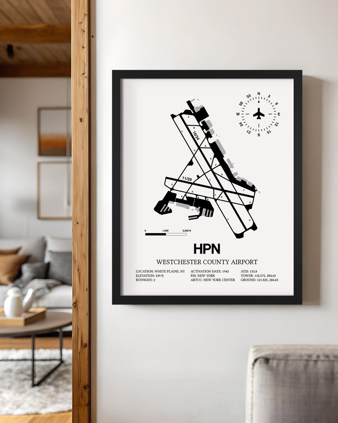 Framed Detailed Airport Map of Westchester County Airport (HPN) in White with a Black Frame