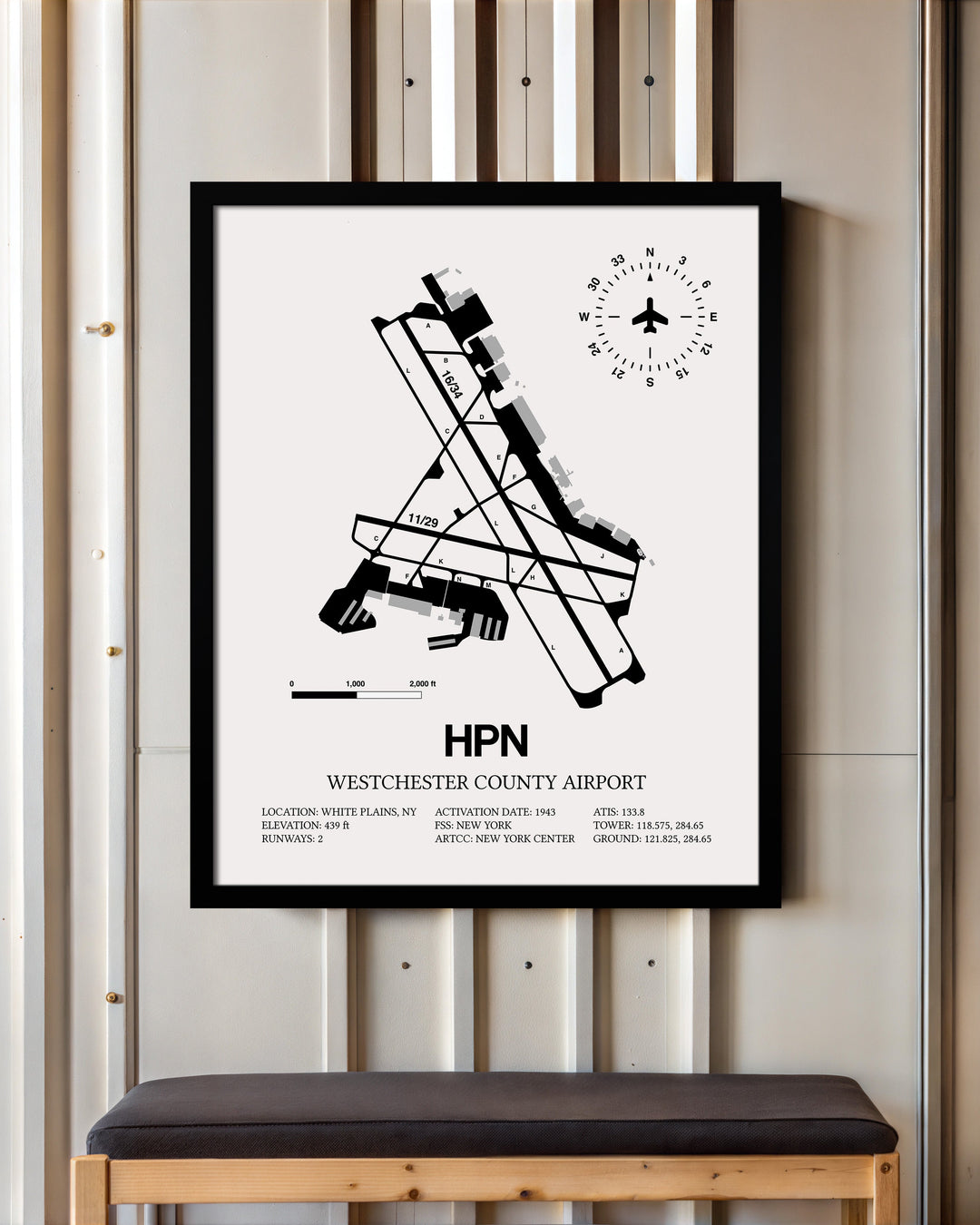 Framed Detailed Airport Map of Westchester County Airport (HPN) in White with a Black Frame