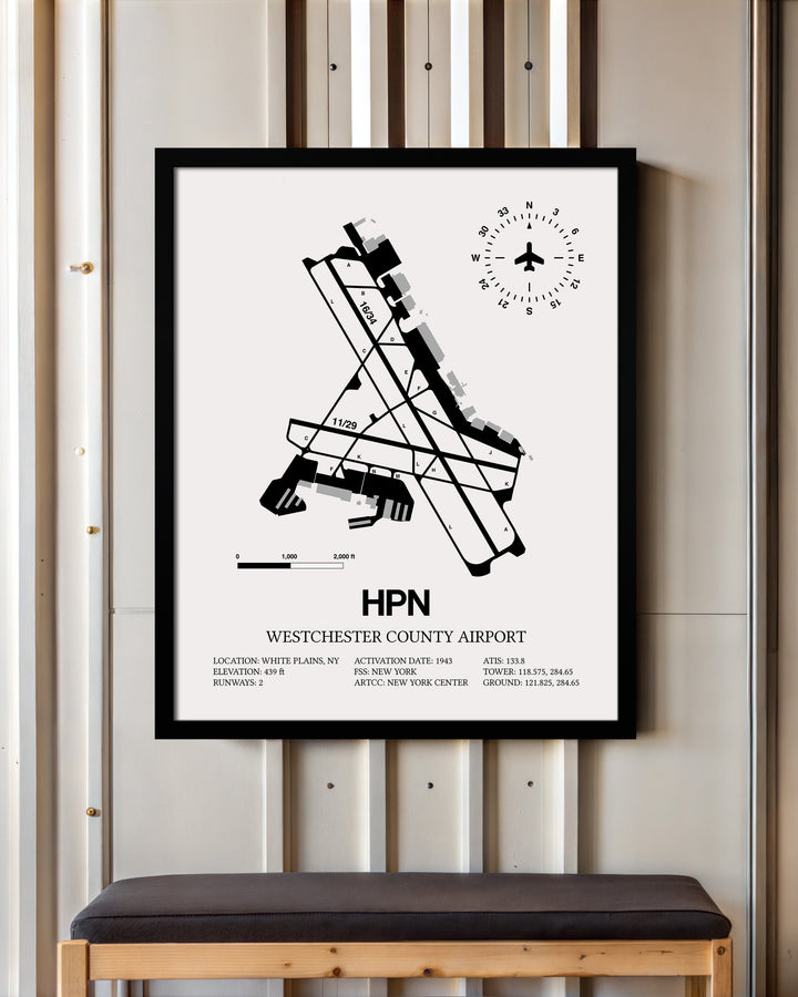 Framed Detailed Airport Map of Westchester County Airport (HPN) in White with a Black Frame
