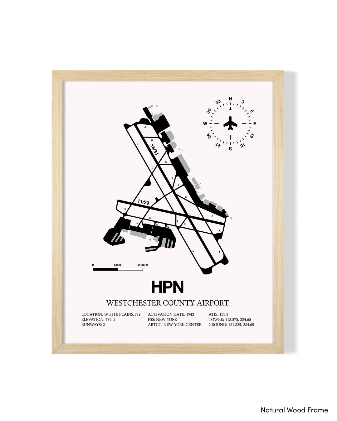 Detailed Airport Map of Westchester County Airport (HPN) in White with a Natural Frame