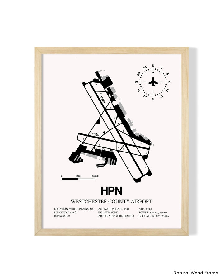 Detailed Airport Map of Westchester County Airport (HPN) in White with a Natural Frame