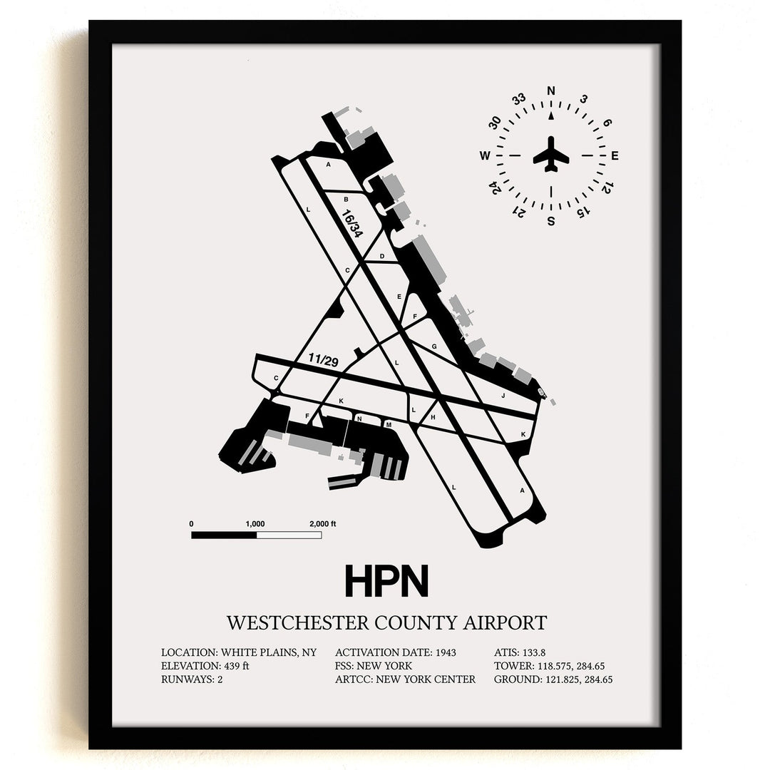 Framed Detailed Airport Map of Westchester County Airport (HPN) in White with a Black Frame