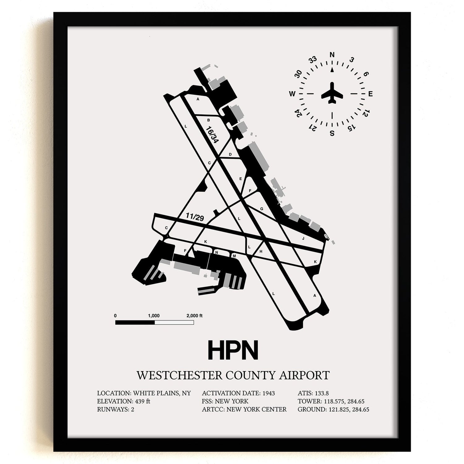 Framed Detailed Airport Map of Westchester County Airport (HPN) in White with a Black Frame