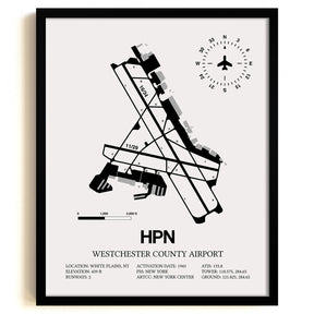 Framed Detailed Airport Map of Westchester County Airport (HPN) in White with a Black Frame