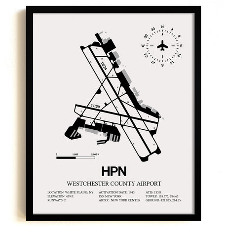 Framed Detailed Airport Map of Westchester County Airport (HPN) in White with a Black Frame