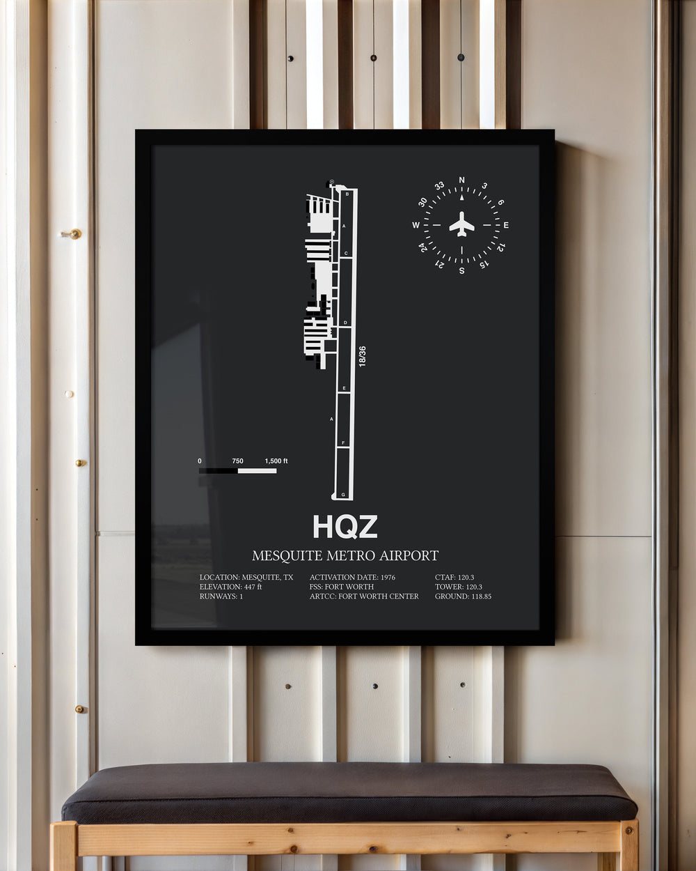 Framed Detailed Airport Map of Mesquite Metro Airport (HQZ) in Gray with a Black Frame
