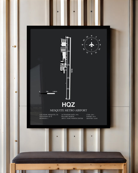 Framed Detailed Airport Map of Mesquite Metro Airport (HQZ) in Gray with a Black Frame