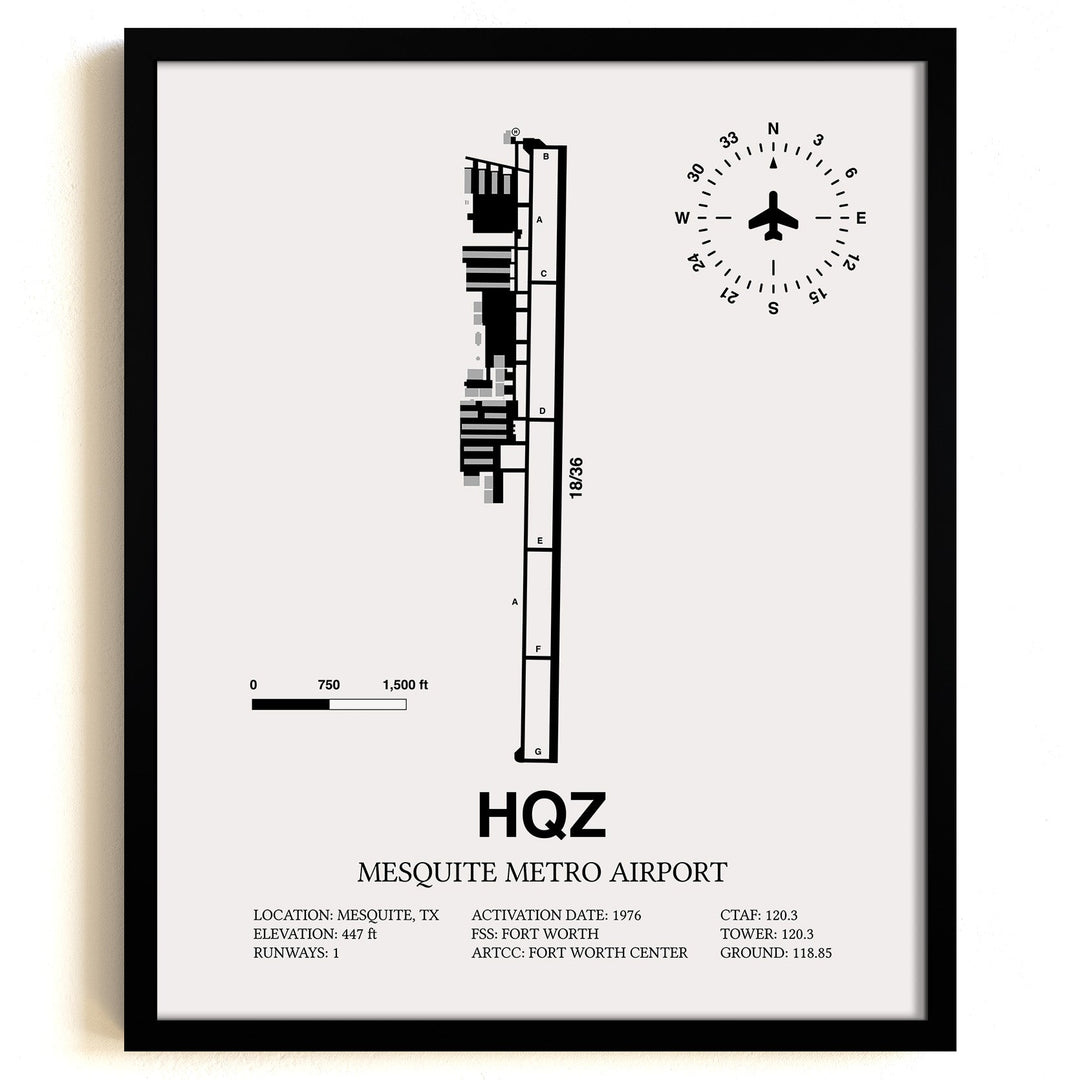 Framed Detailed Airport Map of Mesquite Metro Airport (HQZ) in White with a Black Frame