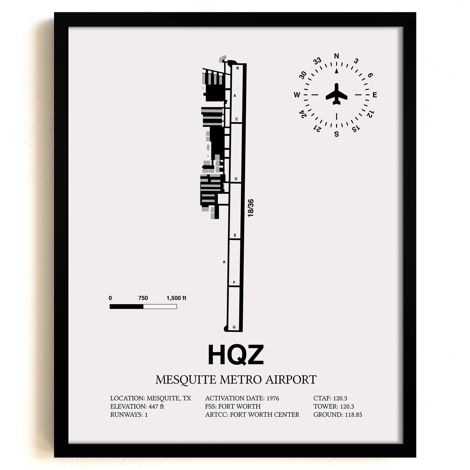 Framed Detailed Airport Map of Mesquite Metro Airport (HQZ) in White with a Black Frame