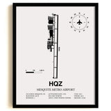 Framed Detailed Airport Map of Mesquite Metro Airport (HQZ) in White with a Black Frame