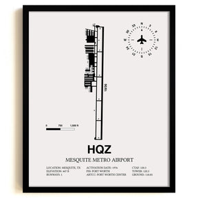 Framed Detailed Airport Map of Mesquite Metro Airport (HQZ) in White with a Black Frame