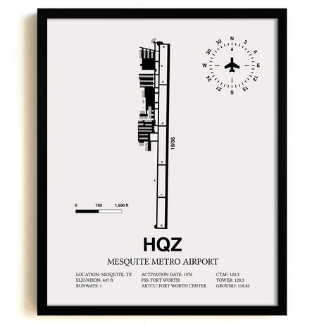Framed Detailed Airport Map of Mesquite Metro Airport (HQZ) in White with a Black Frame
