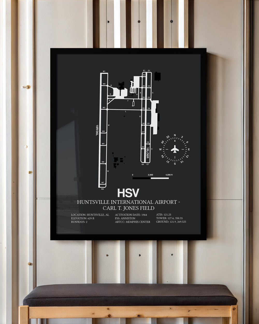 Framed Detailed Airport Map of Huntsville International Airport - Carl T. Jones Field (HSV) in Gray with a Black Frame