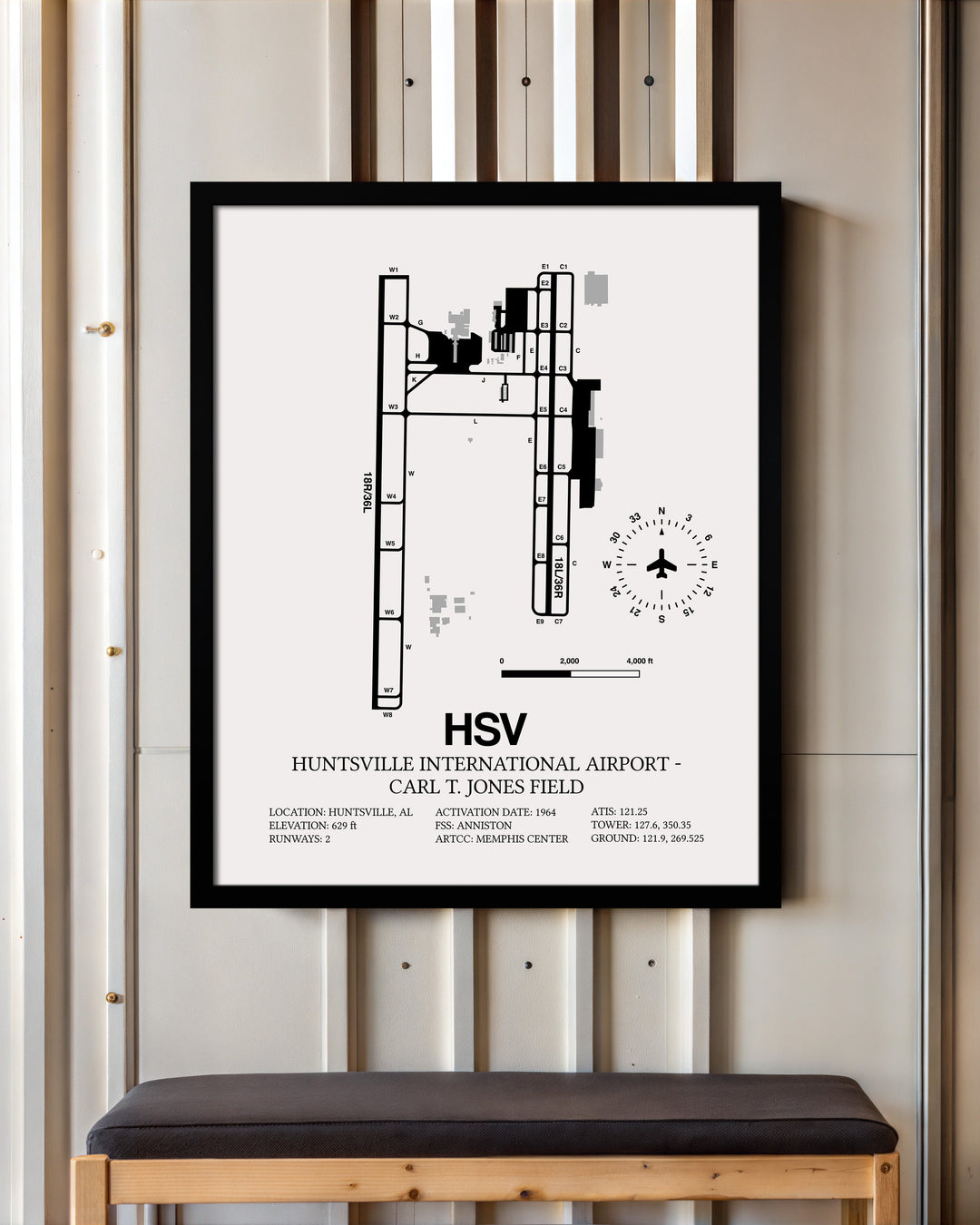 Framed Detailed Airport Map of Huntsville International Airport - Carl T. Jones Field (HSV) in White with a Black Frame