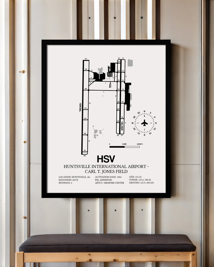 Framed Detailed Airport Map of Huntsville International Airport - Carl T. Jones Field (HSV) in White with a Black Frame