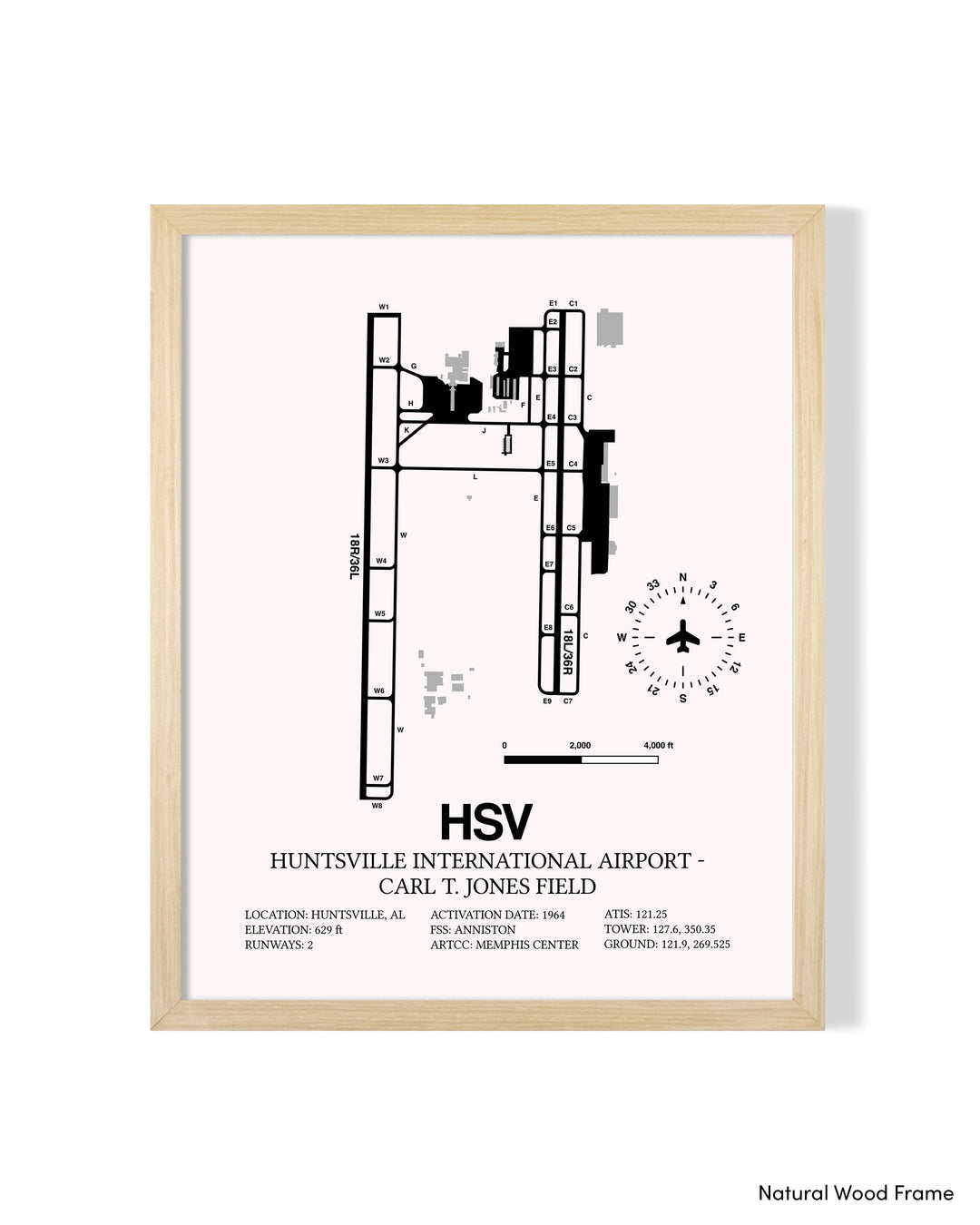 Detailed Airport Map of Huntsville International Airport - Carl T. Jones Field (HSV) in White with a Natural Frame