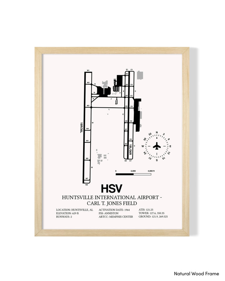 Detailed Airport Map of Huntsville International Airport - Carl T. Jones Field (HSV) in White with a Natural Frame