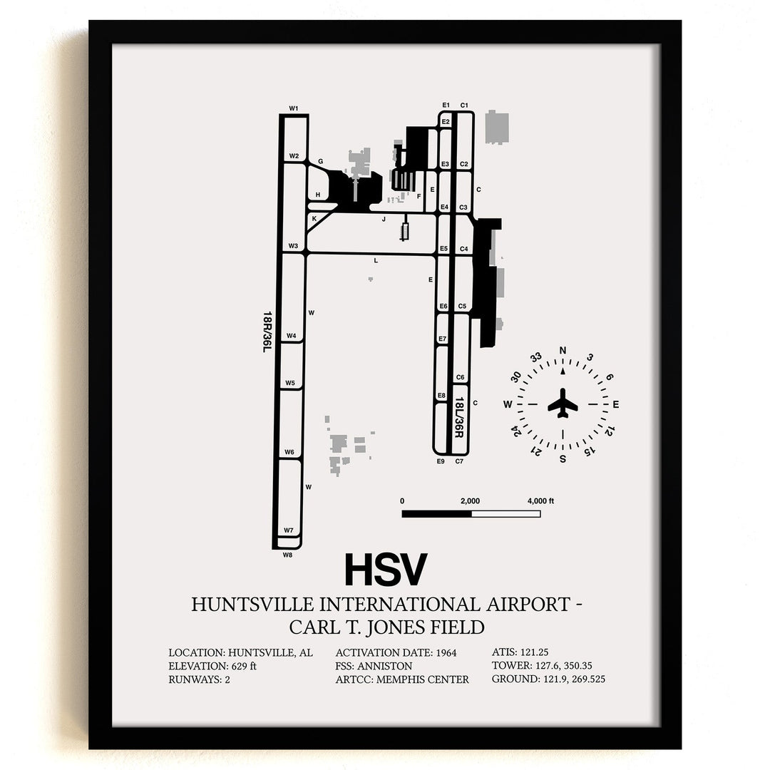 Framed Detailed Airport Map of Huntsville International Airport - Carl T. Jones Field (HSV) in White with a Black Frame