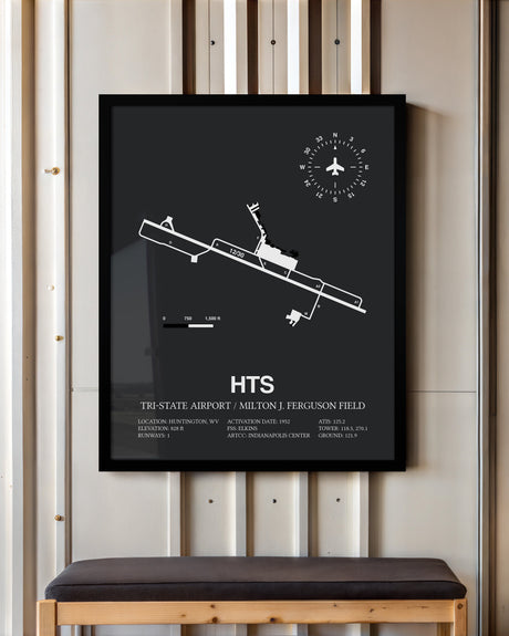 Framed Detailed Airport Map of Tri-State Airport / Milton J. Ferguson Field (HTS) in Gray with a Black Frame