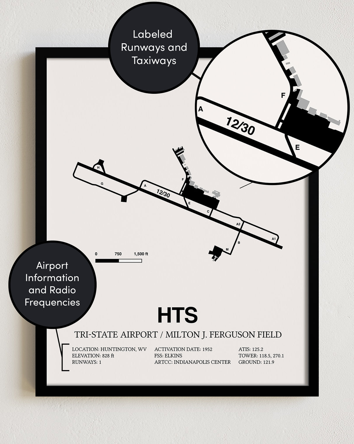 Framed Detailed Airport Map of Tri-State Airport / Milton J. Ferguson Field (HTS) in White with a Black Frame