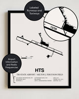 Framed Detailed Airport Map of Tri-State Airport / Milton J. Ferguson Field (HTS) in White with a Black Frame