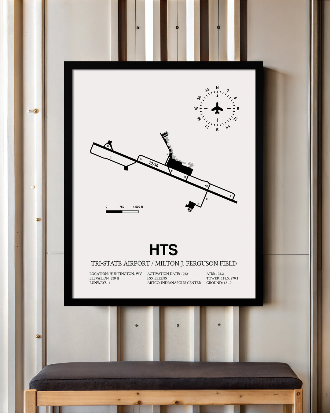 Framed Detailed Airport Map of Tri-State Airport / Milton J. Ferguson Field (HTS) in White with a Black Frame
