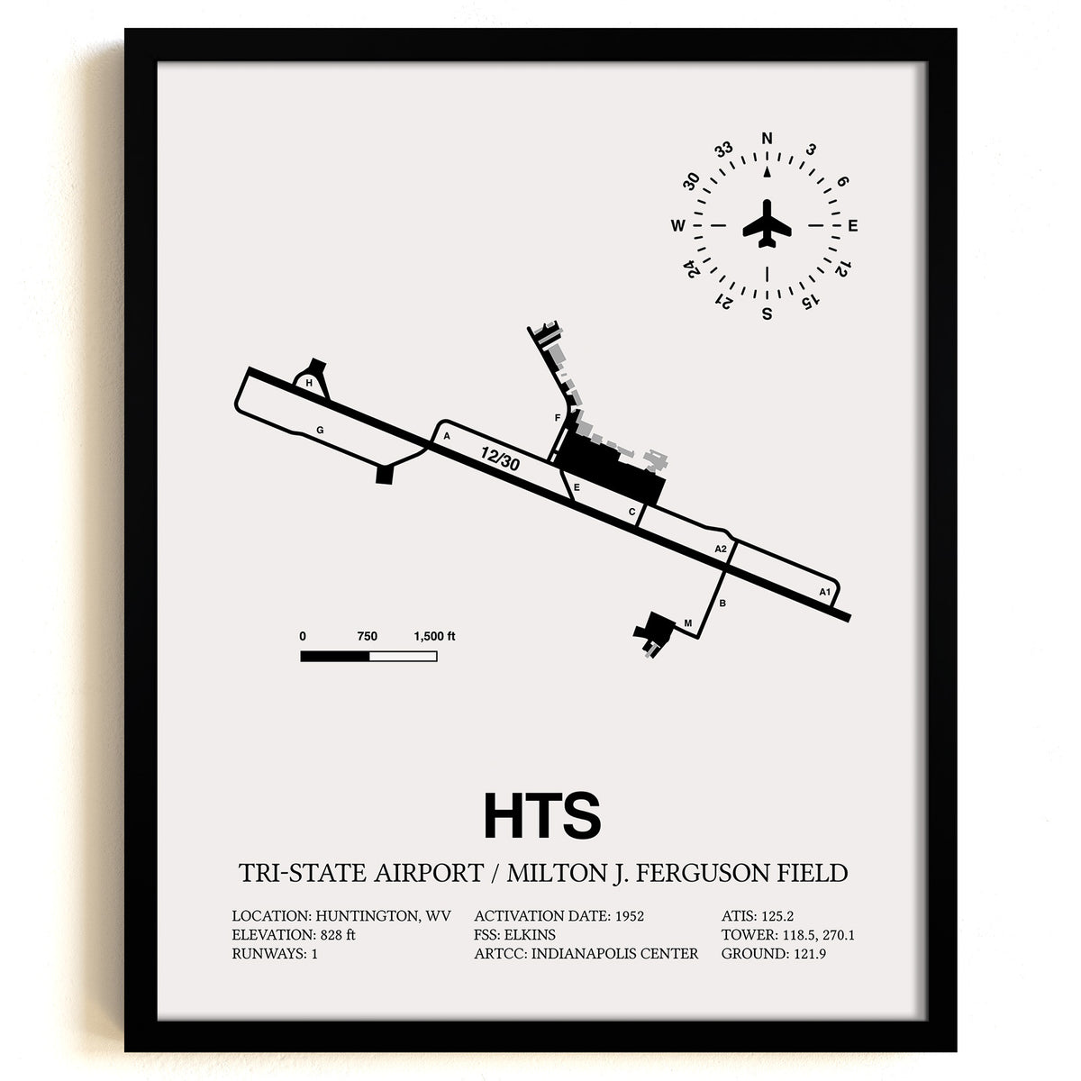 Framed Detailed Airport Map of Tri-State Airport / Milton J. Ferguson Field (HTS) in White with a Black Frame
