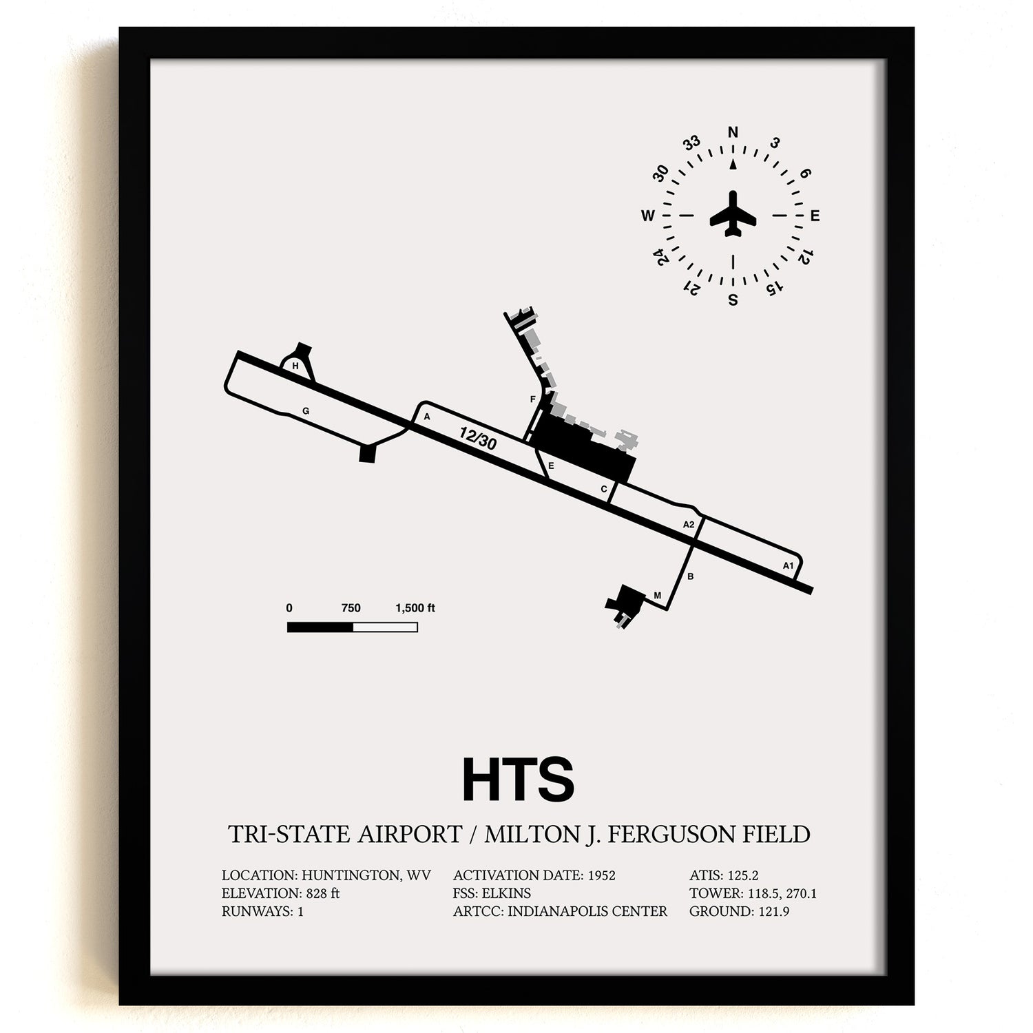 Framed Detailed Airport Map of Tri-State Airport / Milton J. Ferguson Field (HTS) in White with a Black Frame