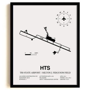 Framed Detailed Airport Map of Tri-State Airport / Milton J. Ferguson Field (HTS) in White with a Black Frame
