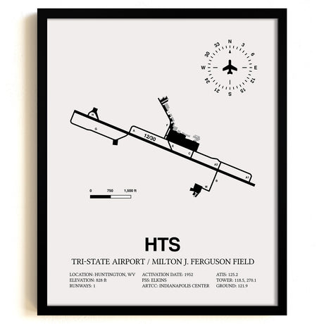 Framed Detailed Airport Map of Tri-State Airport / Milton J. Ferguson Field (HTS) in White with a Black Frame