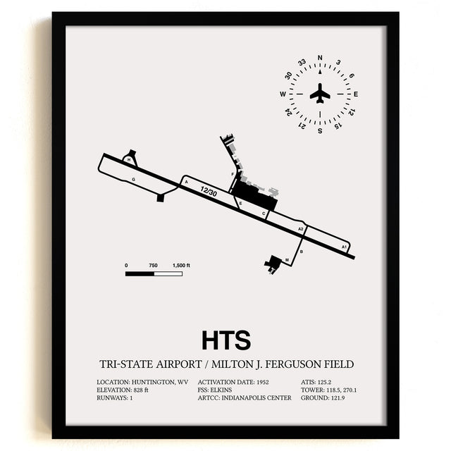 Framed Detailed Airport Map of Tri-State Airport / Milton J. Ferguson Field (HTS) in White with a Black Frame